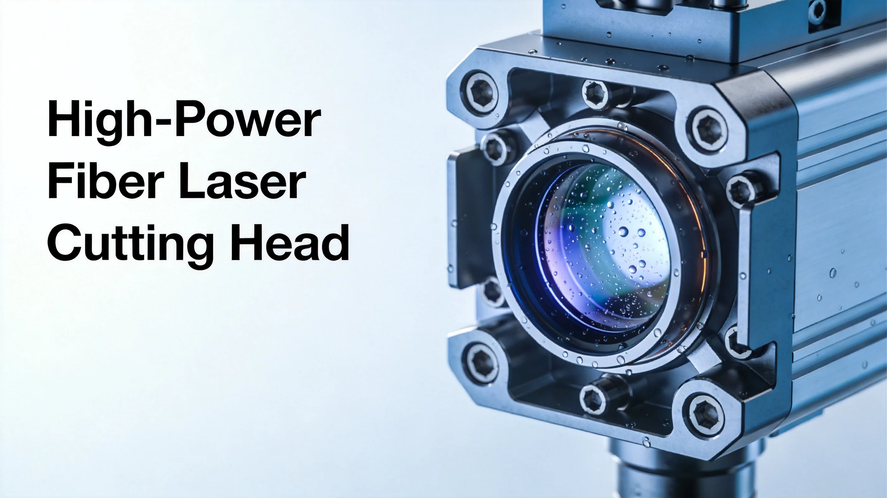 High-power fiber laser cutting head with condensation forming on optical lens surface — illustrating the condensation alarm problem in industrial laser systems